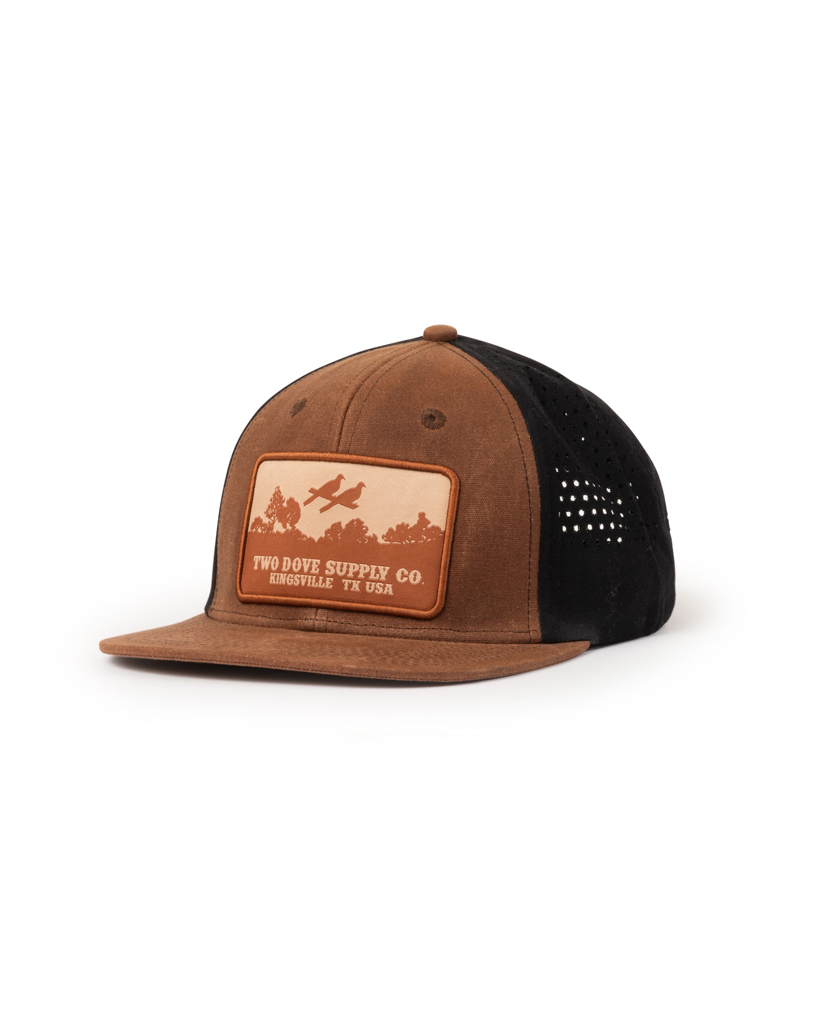 Kingsville Leather Patch Waxed Cotton Perforated Snapback - Brown/Black